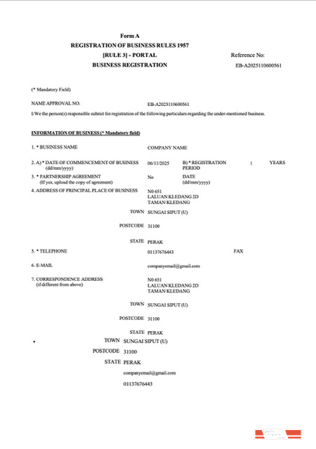 Malaysia business registration certificate Word and PDF template, version 2